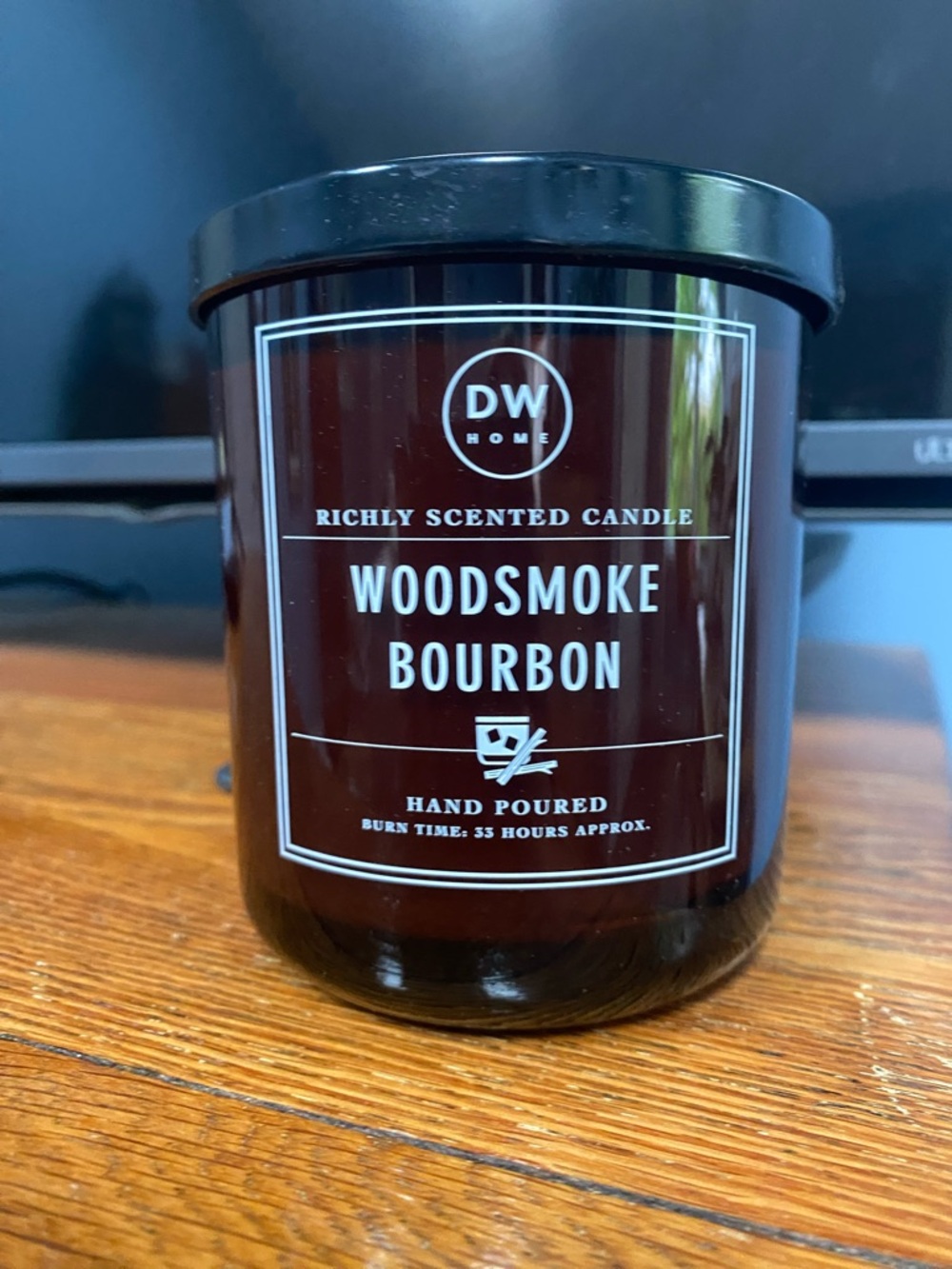 DW Home Woodsmoke Bourbon Candle - Brown Glass with Black Lid